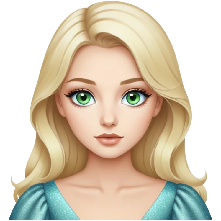 Beautiful blonde with long hair with beautiful styling with green-blue eyes, arrows are drawn on the eyes and the corners of the eyes are tinted with a pencil, her lips are painted with nude lipstick with glitter, she is wearing a white elegant blouse with volume sleeves and open collarbones emoji