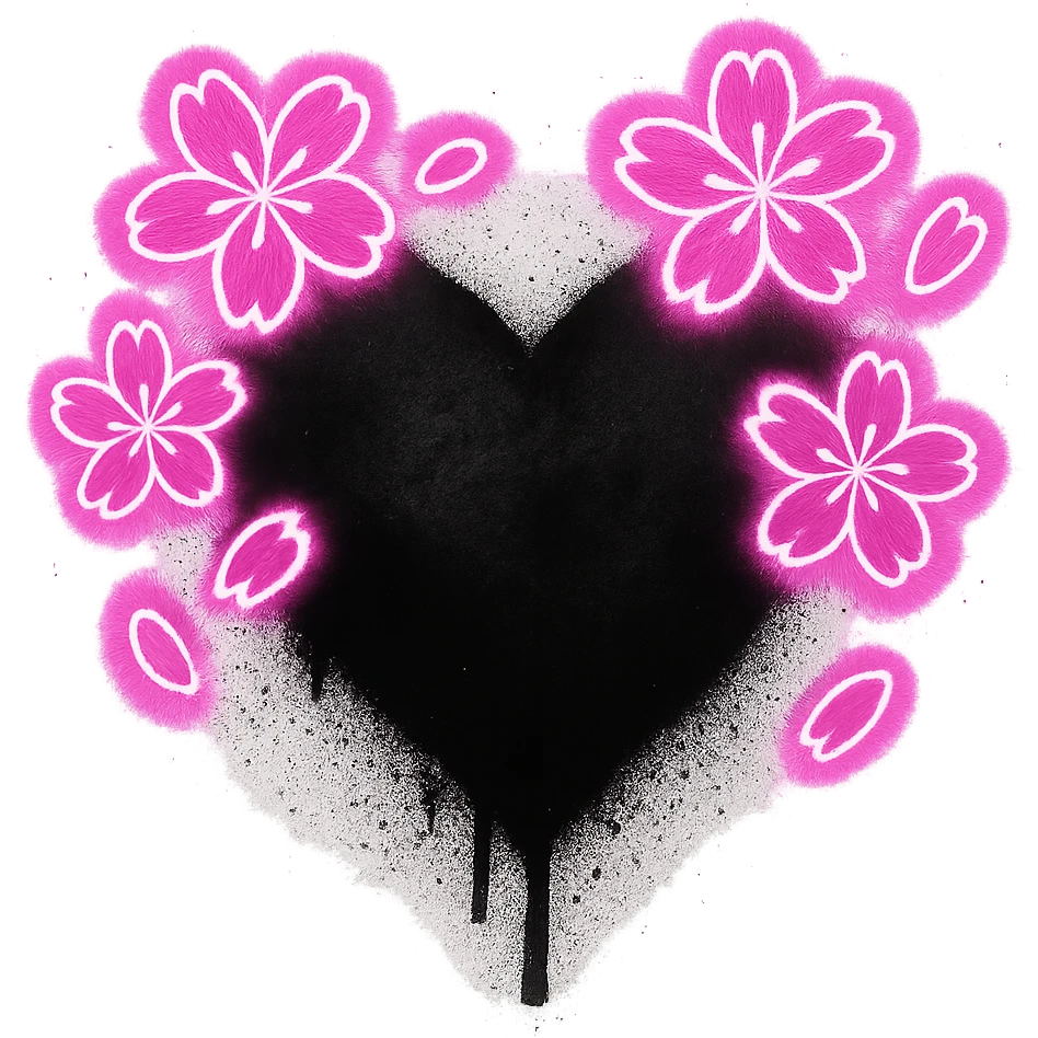 goth sakura heart, graffiti style, spray paint black heart, neon pink sakura, urban and rebellious emoji