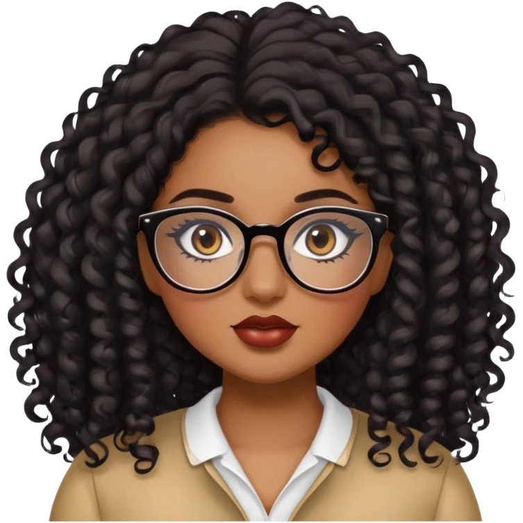 girl, brown skin, pretty, lipliner, eyeliner, eyelashes, plus size, brown eyes, LONG black curly hair, glasses emoji