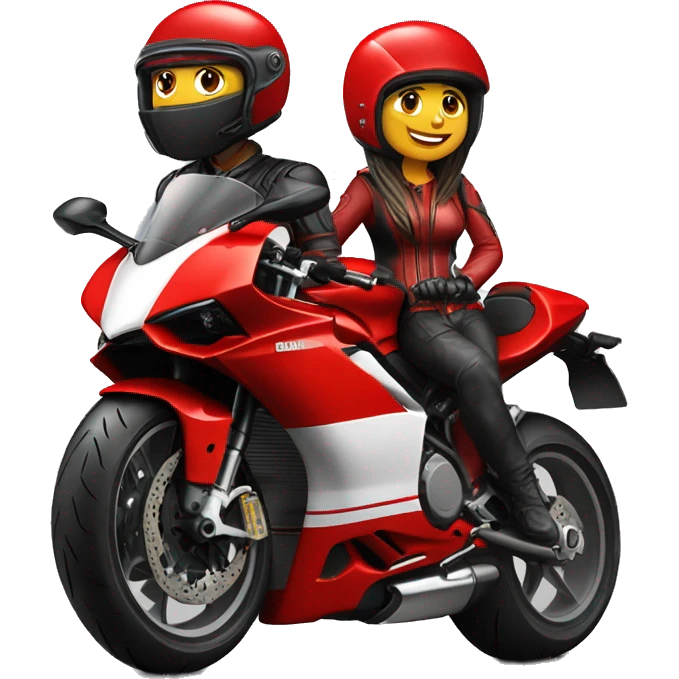 Biker couple wearing helmet in a red ducati 1098 motorcycle  emoji