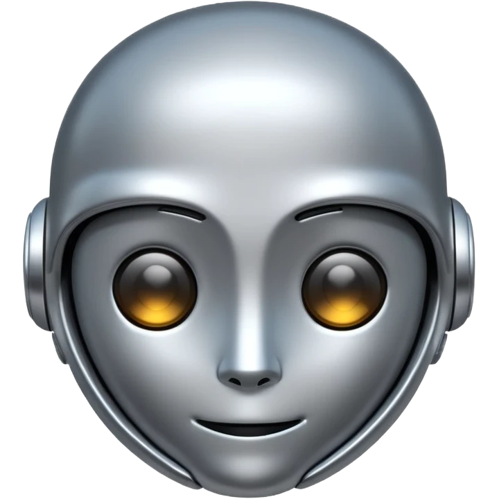 A cute futuristic robot emoji made of silver chrome, rounded friendly body, minimal facial features, glossy metallic surface, soft reflections, iOS emoji style, centered, clean white background emoji