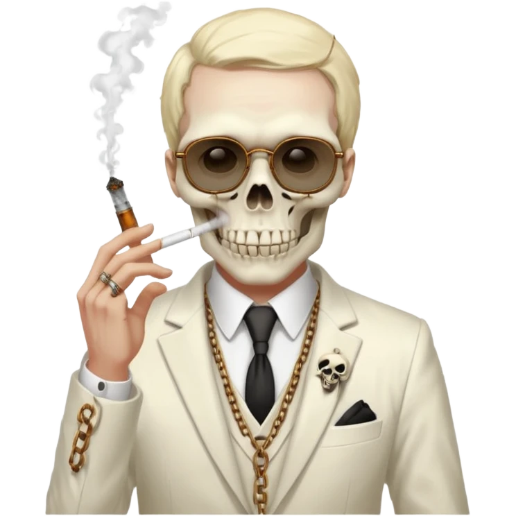 cinematic realistic - Megadeth icon - a gentleman in an ivory ethereal suit that smokes, has a skull instead of a head, wears rusty metal glasses with chains emoji