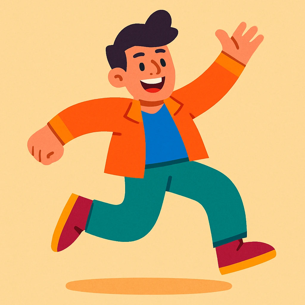 a cheerful, youthful man with a dynamic pose, wearing colorful clothes, radiating positivity emoji