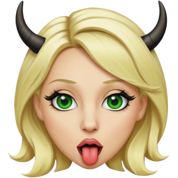 Emoji femme blonde cheveux blond, yeux vert avec de long cils noir qui tire la langue et à des cornes  emoji