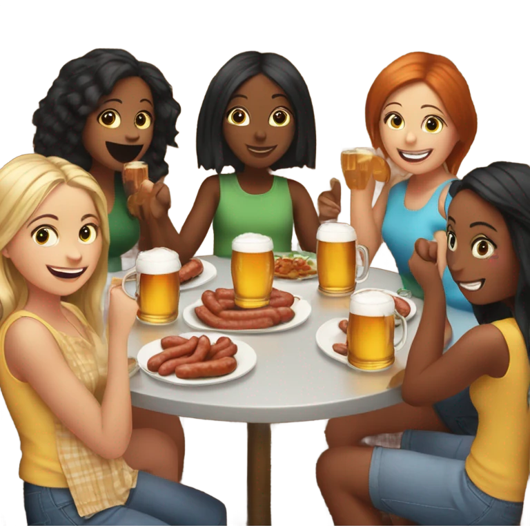 Five girls drinking pints of beer and eating sausage emoji