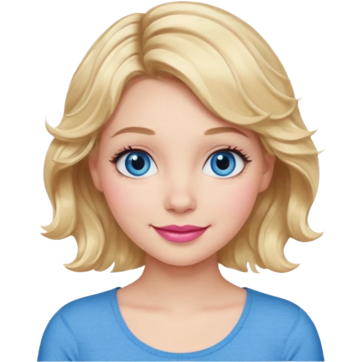 Girl Blonde short wavy hair,  blue eyes, cute blue top, long lashes, pink lips, smiling, 💁🏻‍♀️  emoji