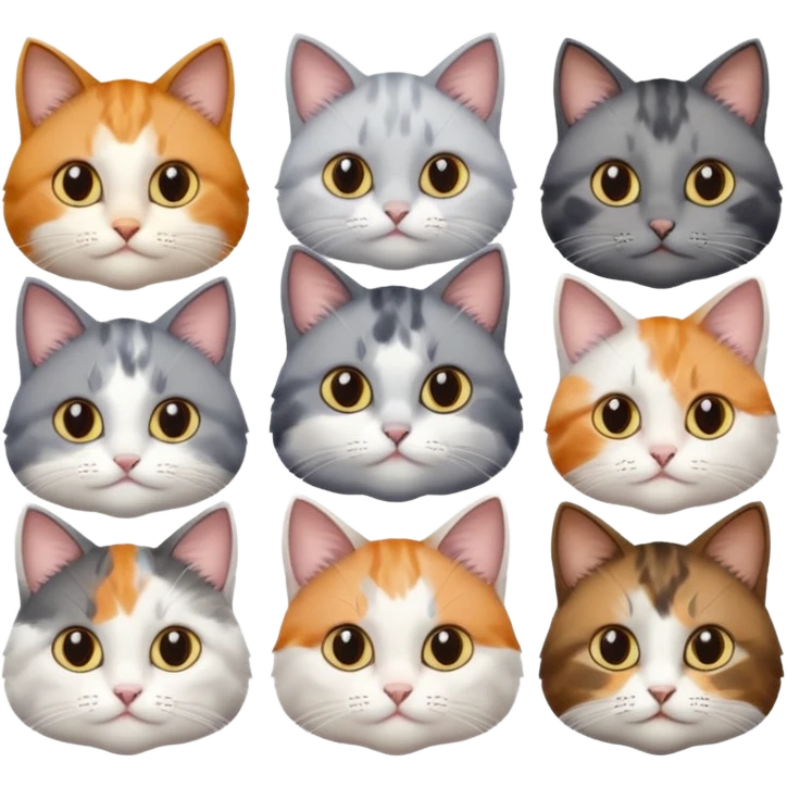 6 realistic looking cats with different natural coloured coats, assorted grey and white, greys, calico, brown and white colours etc
 emoji
