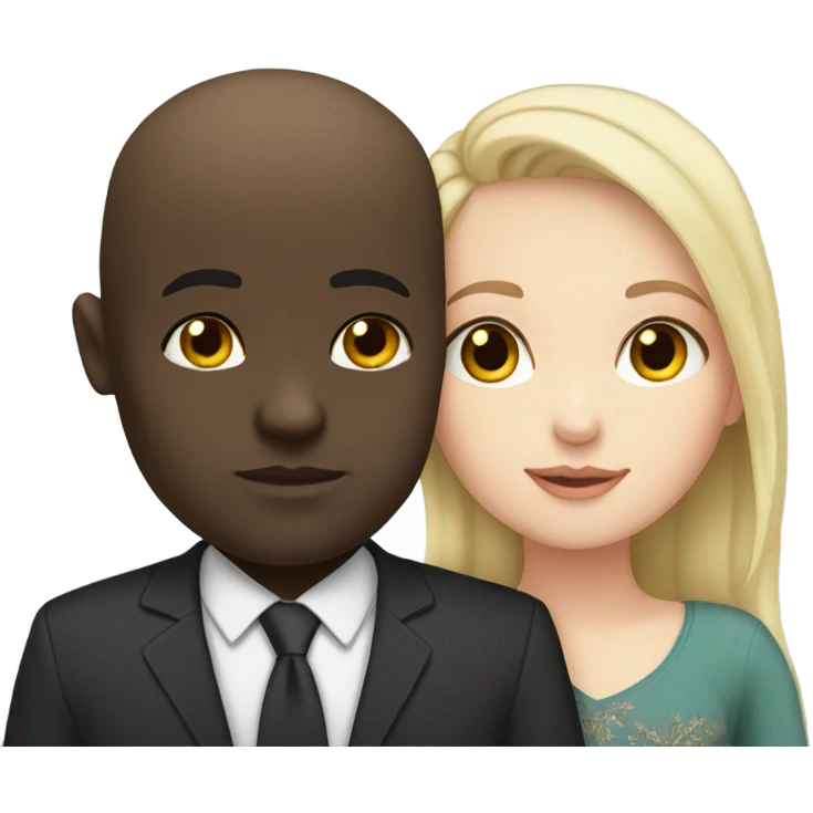 White girl dark hair kissing bald black man emoji