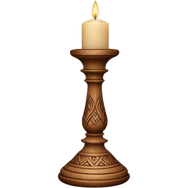 A short wooden candlestick carved with simple rustic patterns. emoji