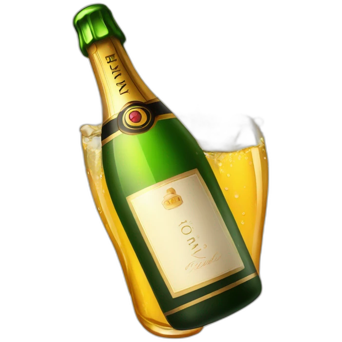 champagne bottle with popping cork popping and dripping wine and foam emoji