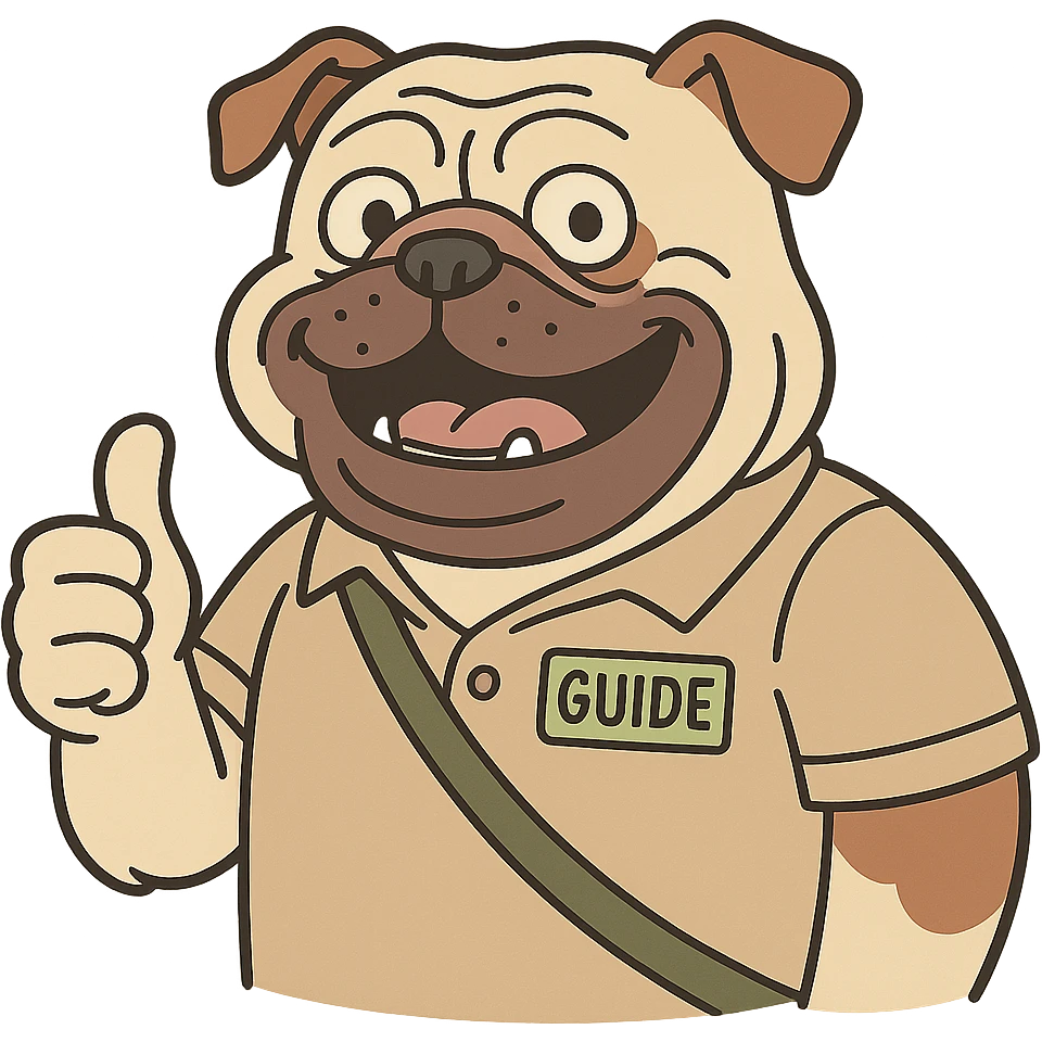 smiling English bulldog guide giving a thumbs up cartoon character emoji