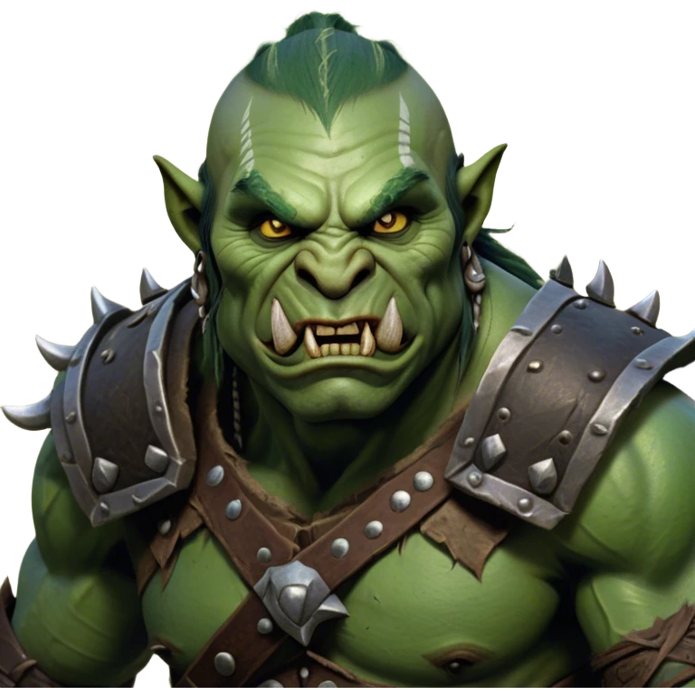 Cinematic Realistic WoW Orc Warrior Portrait, head tilted dramatically with an exaggeratedly amused expression, blending raw, primal might with a touch of unexpected humor. His battle-scarred green skin, robust muscles, and intricately detailed tribal armor in deep, earthy tones are rendered with lifelike texture and dynamic lighting, high shine, dramatic yet whimsical, capturing an orc warrior whose epic strength is matched by a playful, irreverent charm. emoji