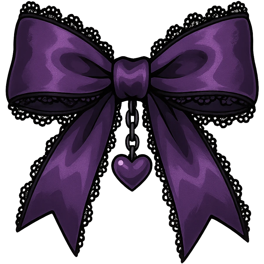 Purple gothic bow with black lace trim and heart charm, remove background emoji