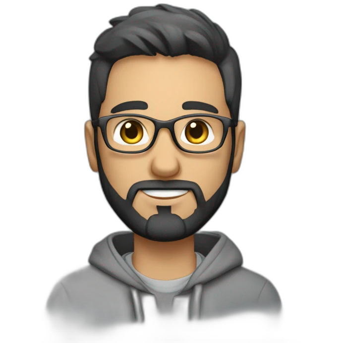 A project manager in a gray hoodie and with a short beard, with gray eyes, with short black hair without a parting, wearing glasses emoji