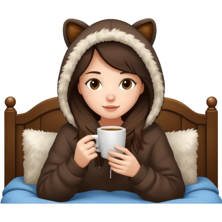 a brunette girl sitting cozily in her bed and a fur hoodie sipping coffee emoji