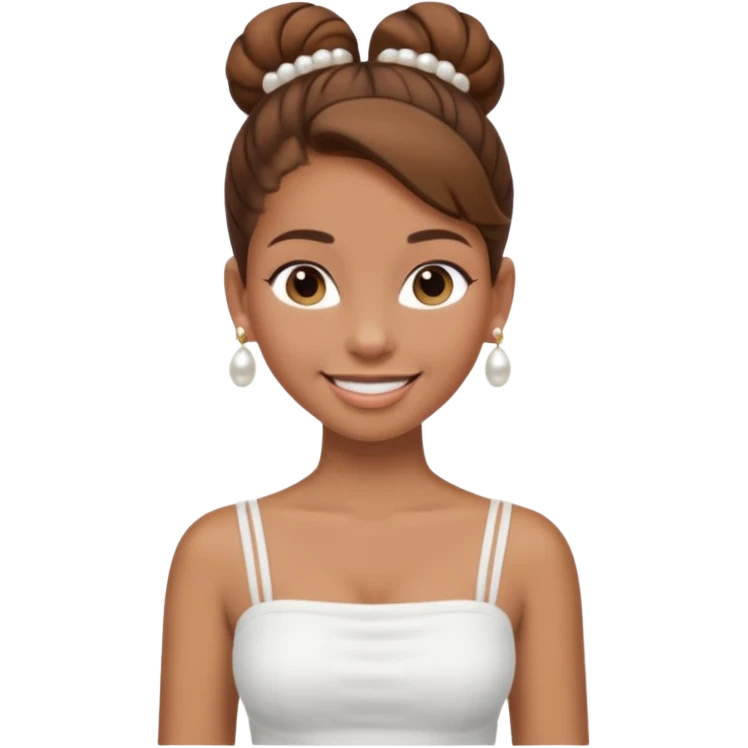 Full body Light brown skin girl, brown hair in bun, smiling, white tube top, pearl earrings emoji