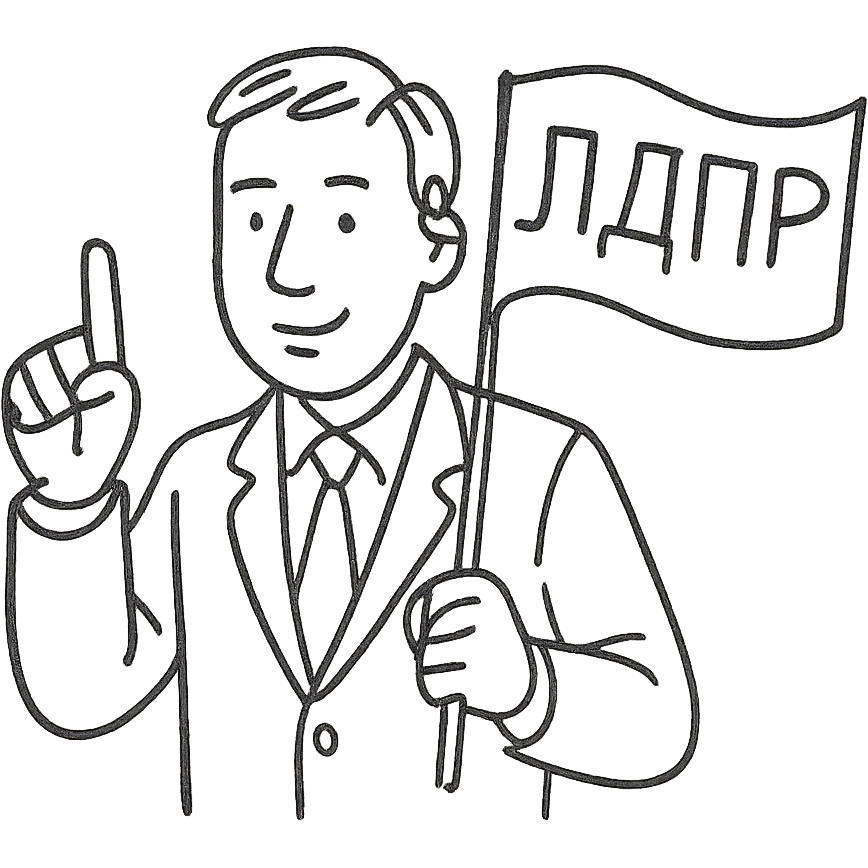 A man holding up his finger, in a suit, blue flag with yellow LDPR lettering on the back emoji