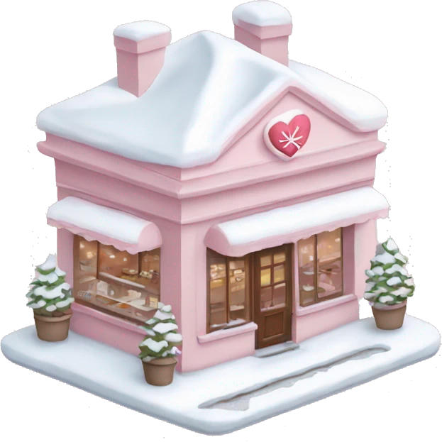 pale pink coffee shop covered in snow heart emoji