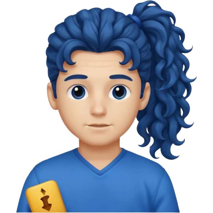 یه پسر با موهای  بلند و فرفری با لباس ابی موهاش رو دُم اسبی  بسته باشه emoji