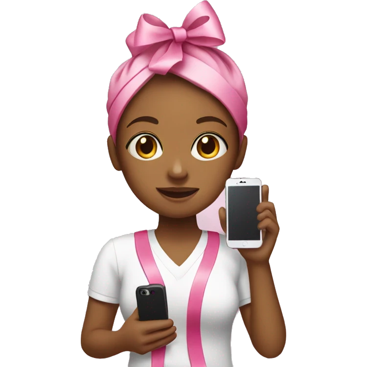 girl with pink ribbon on head holding a phone  emoji