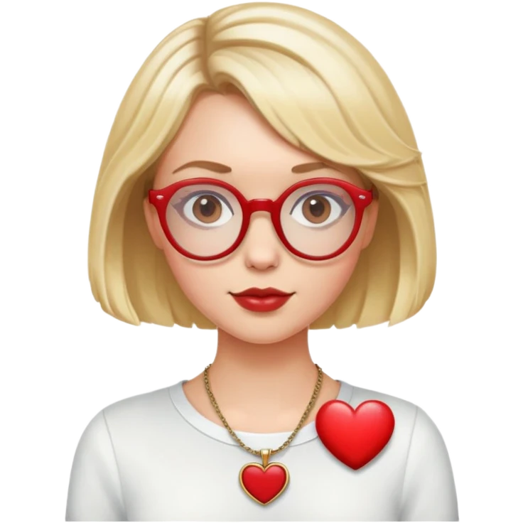 white girl head with short blonde bob hair slightly curled, red round glasses, heart necklace emoji
