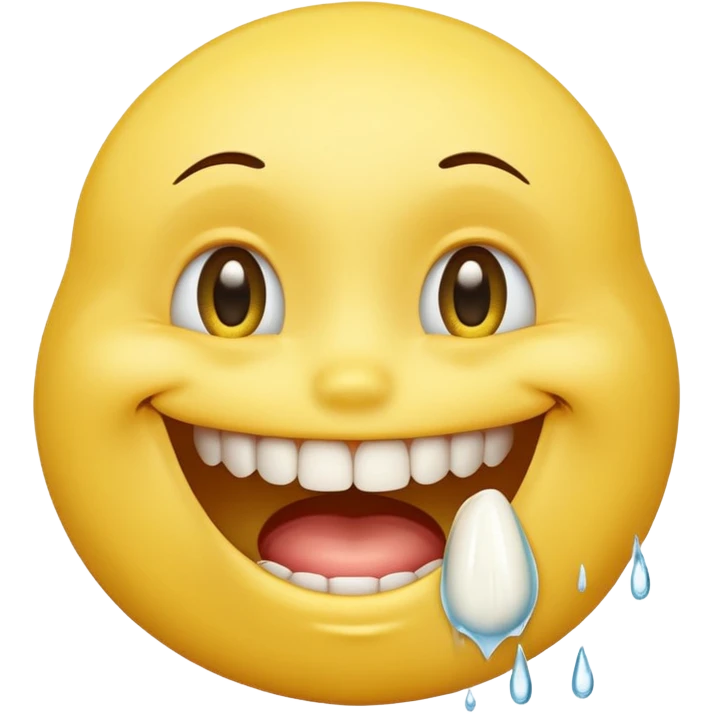 Yellow smiley face holding back tears with realistic watery eyes, and a big human tooth smile emoji