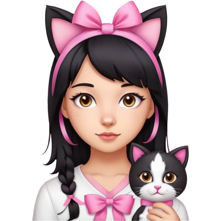A teenage black hair girl with cat ears and pink ribbon emoji