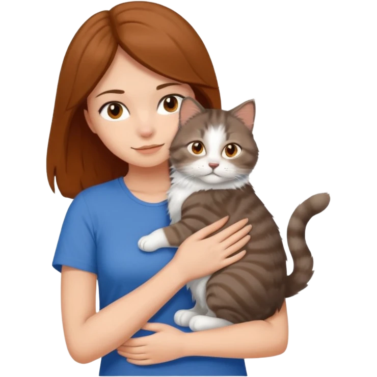 a white girl with brown and hair and a blue top hugging a siberian cat color brown, orange, gray, mixed colors emoji