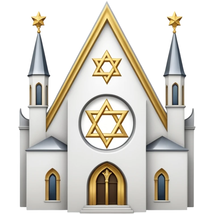 reform jewish synagogue similar in architecture to historical religious architecture in europe. the building should be white with silver/golden features, gothic architectural elements and star of david. no crosses. the emoji should be in ios emoji style. emoji