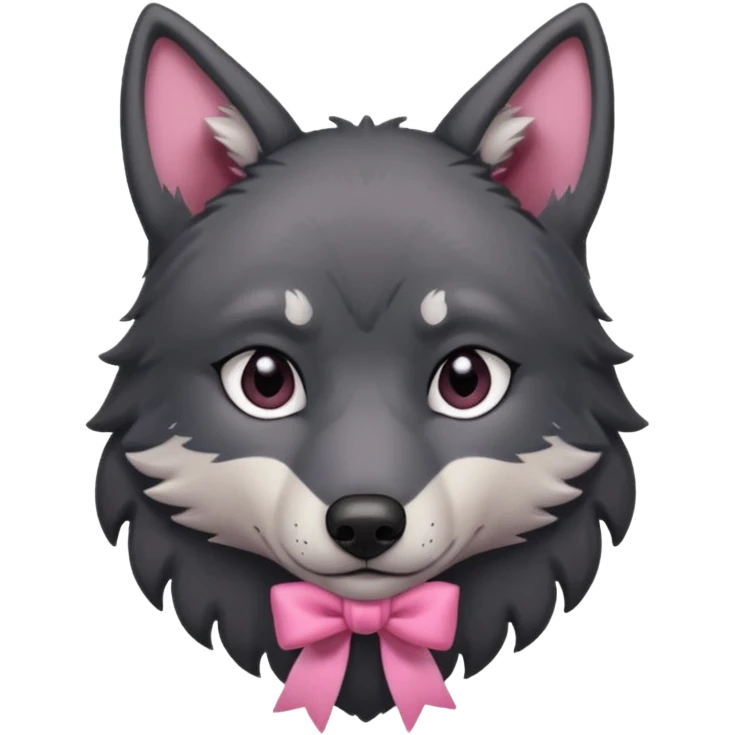 Pleading sad Face cute dark grey  black wolf with a pink ribbon on his ear head emoji