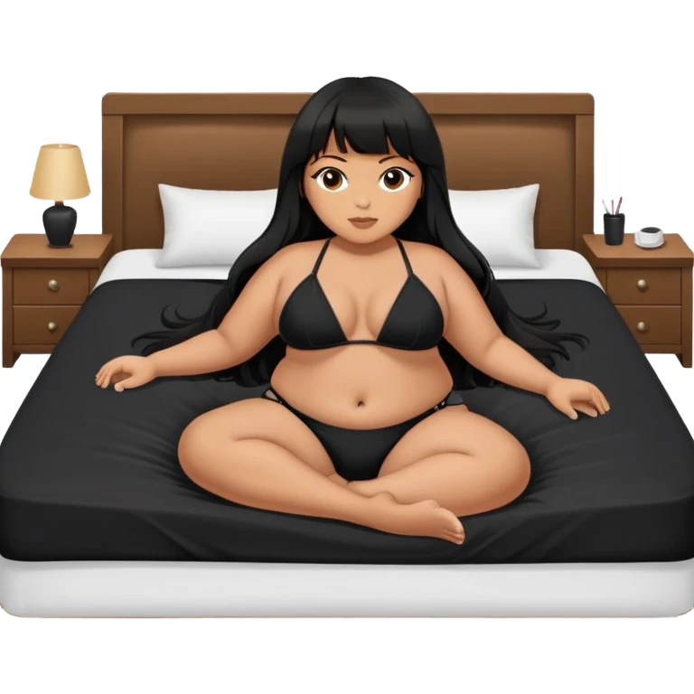 Plus size Latina female with bangs black long layer hair with black bikini laying on a bed emoji