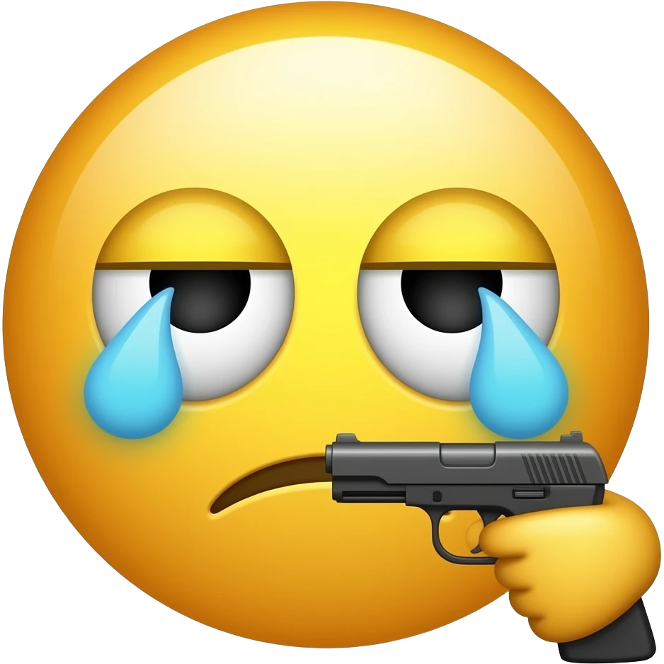 Make an suicide emoji that is tired and has eyebags and puting to killnhim self with a gun remove the year and replace them with eyebags emoji