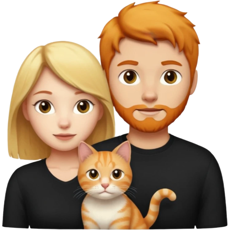 There is a blonde girl, a ginger cat, and a black-haired guy. emoji