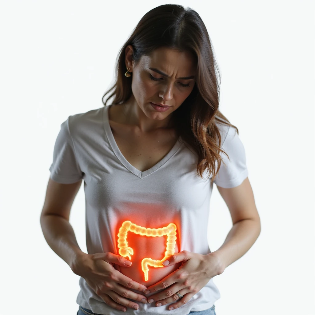 realistic woman with expression of pain, holding hands on abdomen, intestinal area highlighted with slight redness or glowing halo indicating inflammation, hyperrealistic 4K details, vertical 9:16 format, neutral or white background emoji