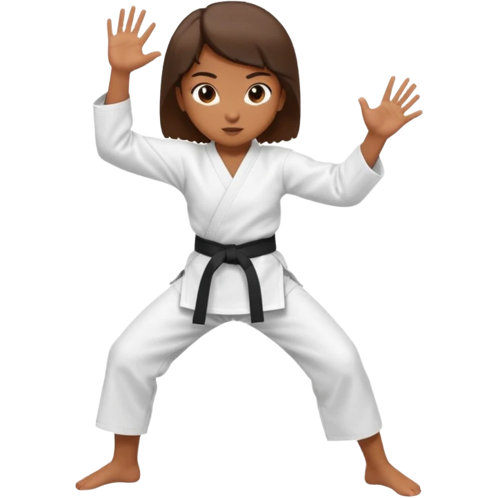 Ragazza castana che pratica karate, ha la cintura nera ed io tradizionale kimono bianco del karate, tira un calcio laterale oppure un pugno oppure è in posizione di guardia emoji