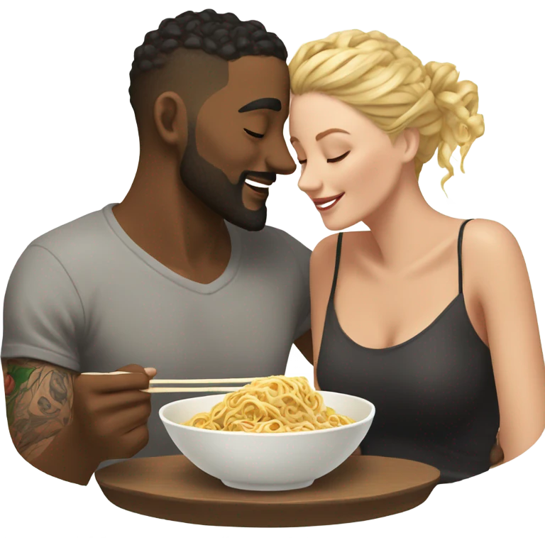 romantic noodle date with beautiful loving tattooed white couple realistic gazing in eyes emoji