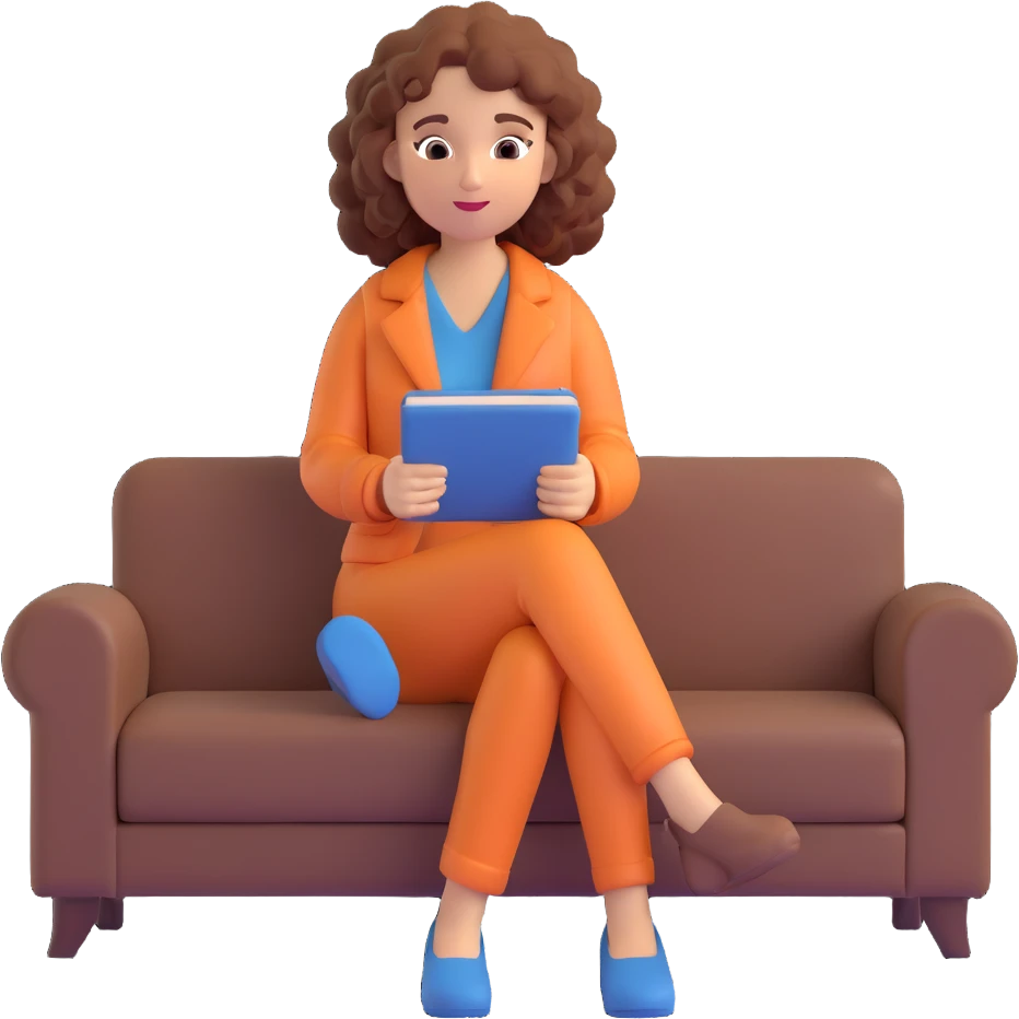 mujer con cabello rizado, sentada en un sofá emoji