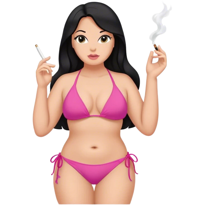 caucasian Curvy black long long hair in pink bikini body sfw pose, smoking emoji