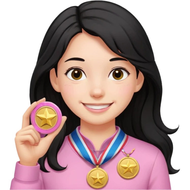 black haired girl wearing pastel pink with medals remove any hats, make her smile, make her hair longer emoji