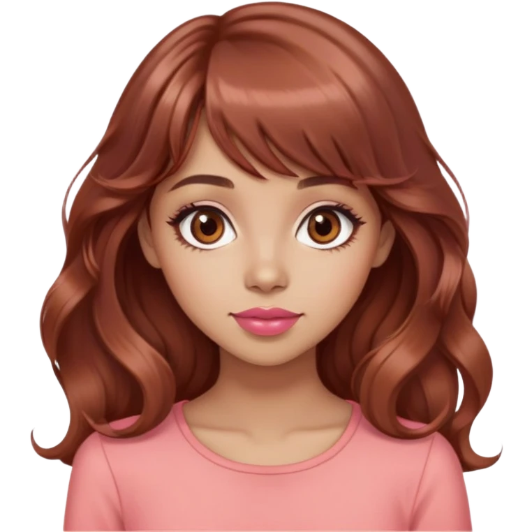 cute woman, light tan skin, big brown eyes, long wavy auburn hair, bangs, pink top, coral lipstick emoji