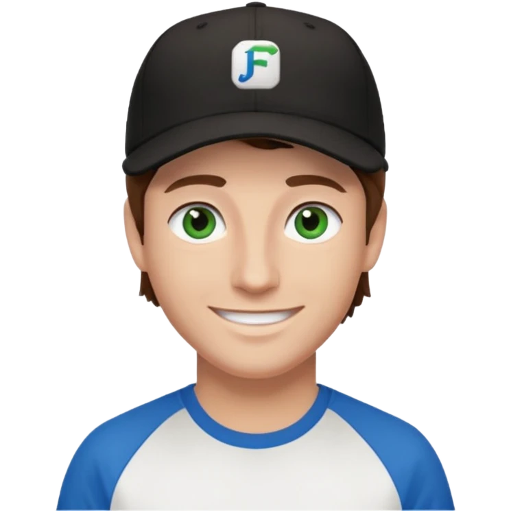 Brown hair man white tshirt black baseball hat green/blue eyes emoji