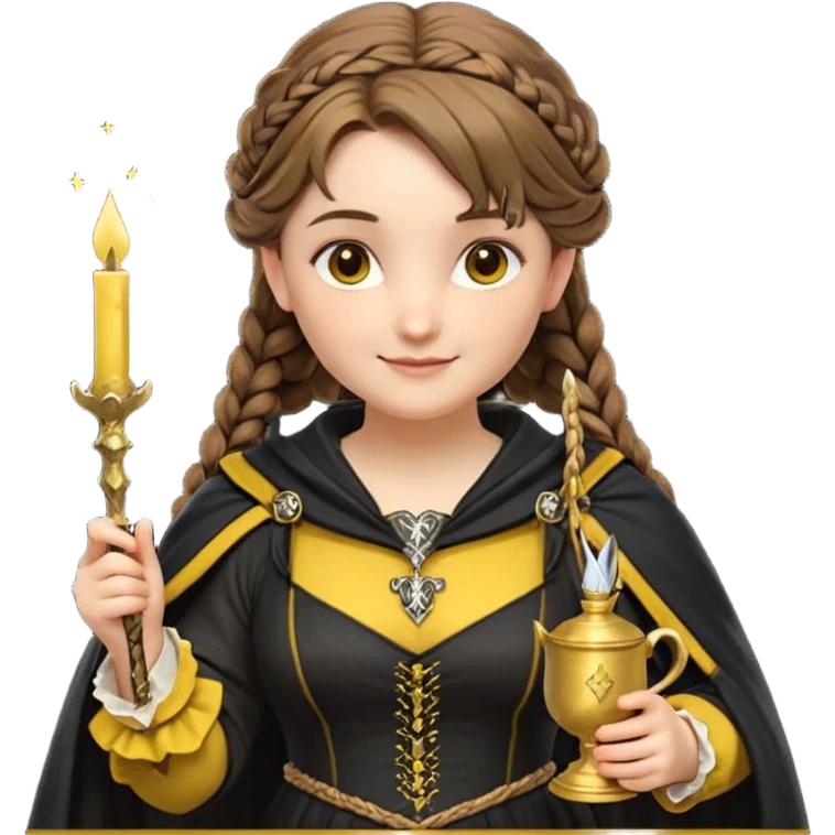 Helga Hufflepuff,the Hogwarts founder of Hufflepuff,brown-haired,2braids,yellow-black medieval dress with black cloak decorated with gold braiding,flickering magic wand and tiny two-handled shiny gold cup engraved with the badger silhouette,very kind smile,curvy busty sweet emoji