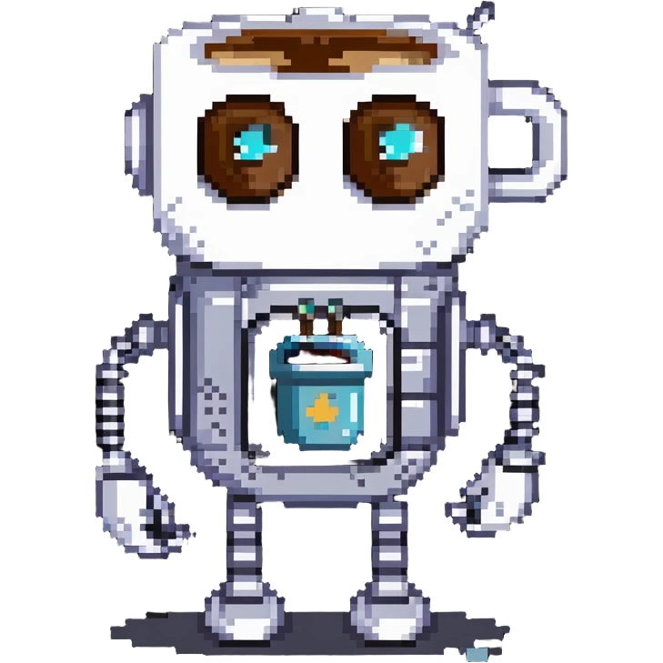 A sleepy robot with droopy eyes holding a coffee mug, looking exhausted emoji