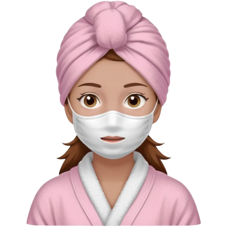 chica con el pelo castaño, albornoz y turbante de toalla rosa pastel, mascarilla facial blanca emoji
