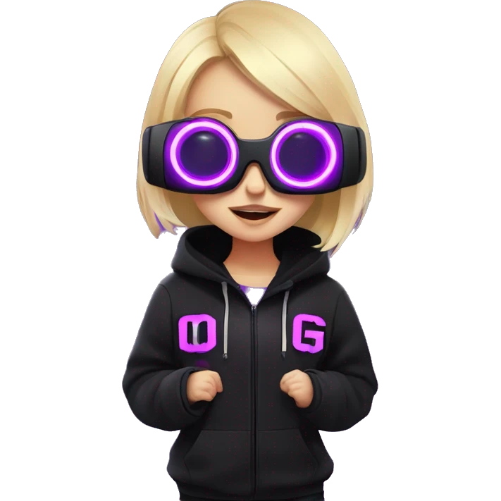 Russian cute blond student girl wearing black hoody with violet letters "OMG", in vr headset. No eyes. Cyberpunk style. Violet neon. emoji