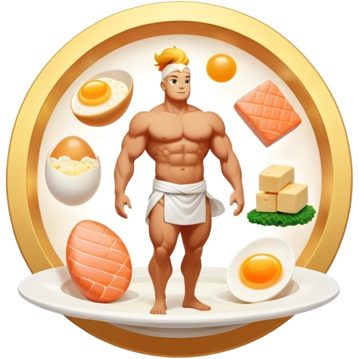 Floating plate with ethereal icons of golden egg, salmon fillet, bright chicken breast, and translucent tofu block, all orbiting a central double helix symbol, with soft light expanding towards a glowing muscular figure emoji