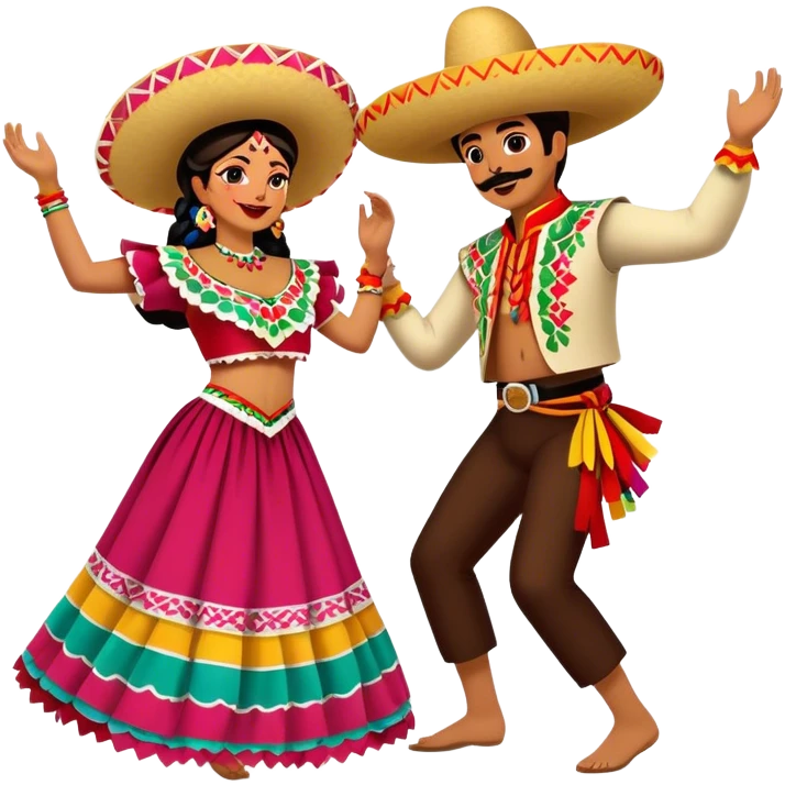 Cinematic Realistic scene of two performers dancing the Jarabe Tapatío, dressed in colorful traditional Mexican costumes with intricate embroidery, captured in energetic, festive motion with vibrant, celebratory lighting emoji