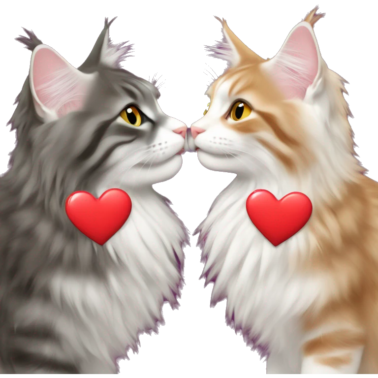 Two Maine coons of different colours kissing with a love heart in front   emoji