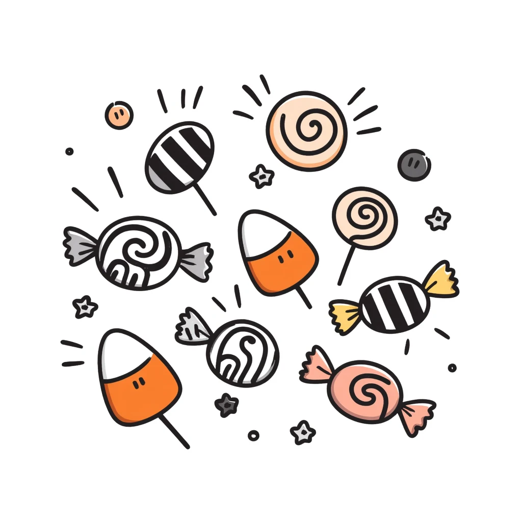 Halloween candy assortment with candy corn, wrapped candies, and lollipops in pastel colors (dd9fb0, ffc6d3, a3bfc9, c4bee2, f1b091), hand-drawn doodle style emoji