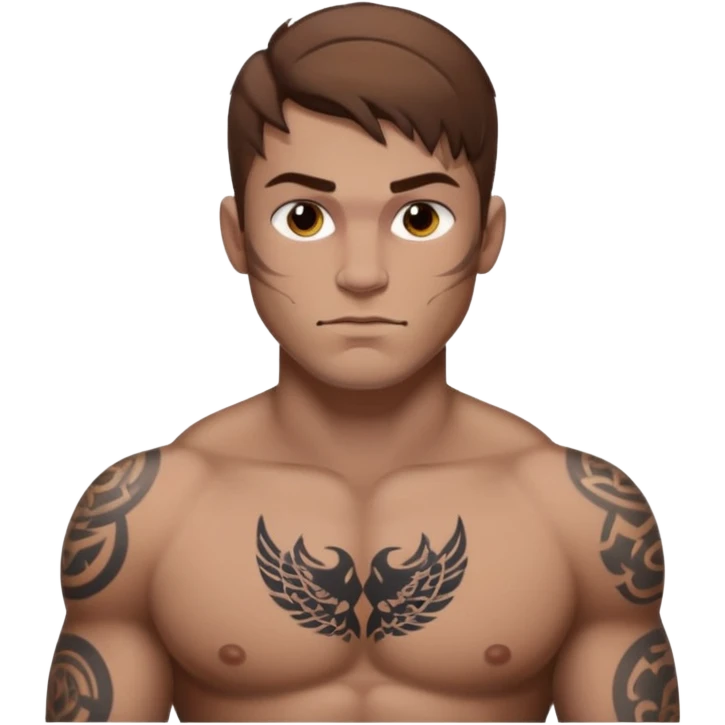 tattoo man, fair white skintone,brown hair, tattoos on face, more visible, bulky man with tattos on his chest, heavy tattoos. emoji